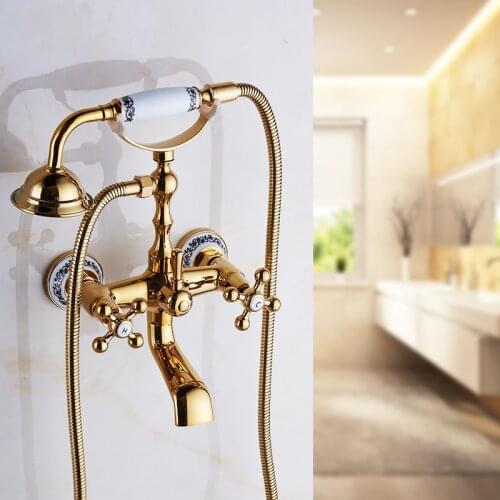 Bathtub Faucets Brass Luxury Gold Bathroom Shower Faucet Set Rainfall Single Handle Shower System Wall Mounted Mixer T