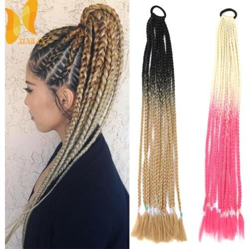 XINRAN 24 inch Pink Rainbow crochet braid Synthetic Ponytail Braids Hair Extension Ponytail Hairpiece With Rubber band hair ring