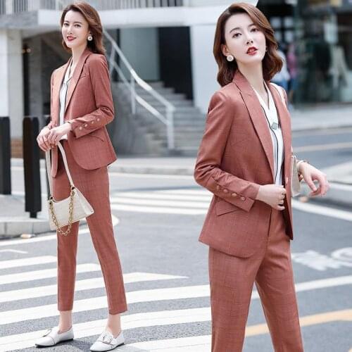 Women 2021 Fashion Plaid 2 Pieces Suits Female Office Lady Business Work Coats Ladies Thin Trousers Formal Pant Suits Y213