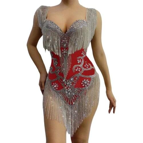 Women New Sparkly Silver Gold Rhinestone Tassel Dress Birthday Celebrate Outfit Women Dancer Show Wear Prom Clothes