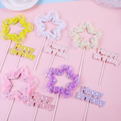 1 Set Dream Lace Star Cupcake Toppers Pearl Heart Happy Birthday Dessert Cake Toppers Baby Shower Party Supplies Decoration