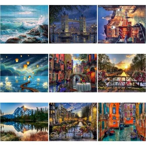 Diamond Painting Scenery Western Country Street Water Bridge Seaside Scenery Cartoon Girl Kongming Lantern Lotus Decor Pictures