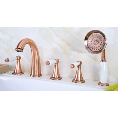 Antique Red Copper Brass Deck 5 Holes Bathtub Mixer Faucet Handheld Shower Widespread Bathroom Faucet Set Basin Water Tap atf210