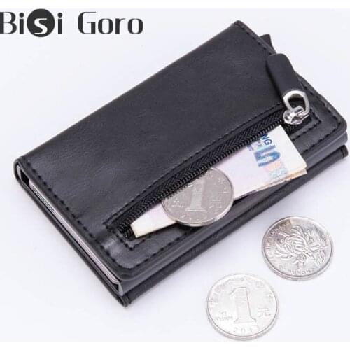 BISI GORO Anti-theft Rfid Credit Card Holder Men Leather Metal Wallet Male Coin Purse Women Mini Carbon ID Card Case With Zipper