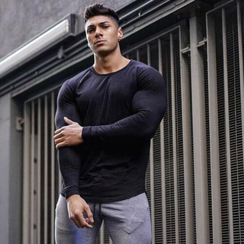 Brand Mens Bodybuilding Solid Color Fitness Fashion Long Sleeve Breathable Casual Autumn and Winter Trend Slim Sports T Shirt