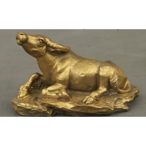 Chinese Folk FengShui Pure Brass Year Zodiac Bull Ox On Statue