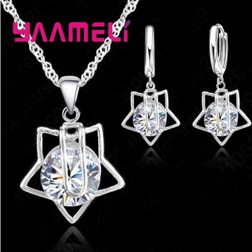 Clear Cubic Zircon Jewelry Sets 925 Sterling Silver Stars Pendant Necklace Hoop Loop Earrings for Women Wedding Party