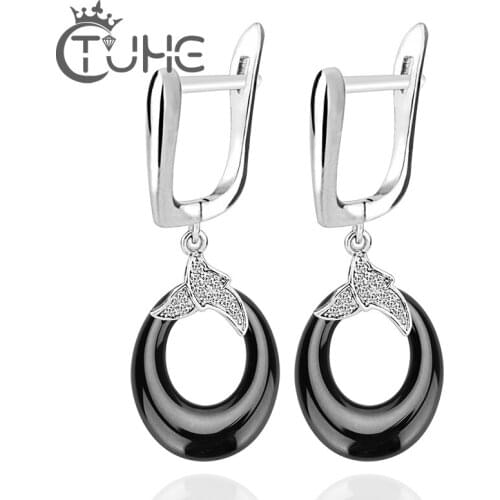 Lovely Black White Water Drop Cute Earring For Women Lady Bling Rhinestone Ceramic Circle Earrings Stainless Steel Jewelry Femme