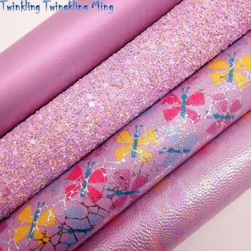 PINK Chunky Glitter Leather, Butterfly Printed Faux Fabric, Iridescent Synthetic Leather For Bow A4 21x29CM Twinkling Ming KM091