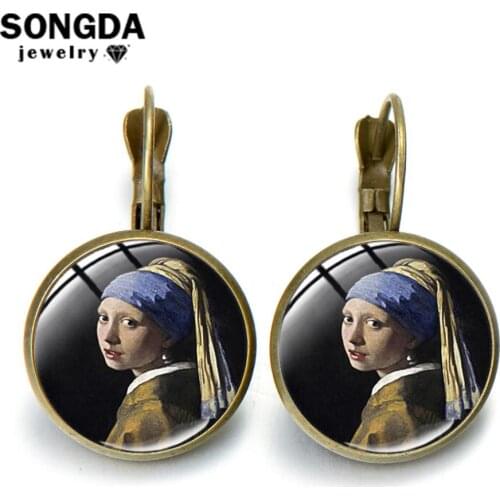 SONGDA Vintage Oil Painting Girl Wearing Pearl Dangle Earrings Ancient Bronze Color Alloy Hand Craft Picture Glass Dome Earrings
