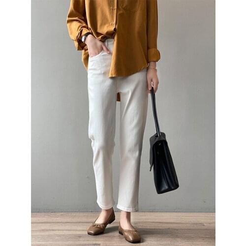 High Quality 2021 Spring New Korean White Black Jeans Womens Loose Casual High Waist Straight Tube Daddy Pants