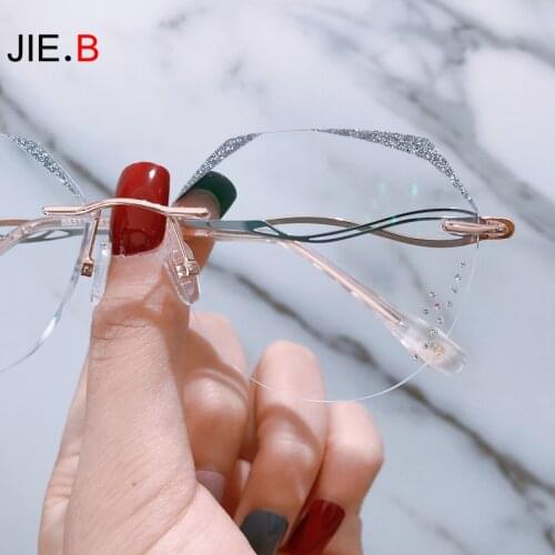 JIE.B New Prescription Mirror Anti-blue Light trend Color Diamond Frameless Mirror Titanium Alloy Elegant Lady Myopia Protection