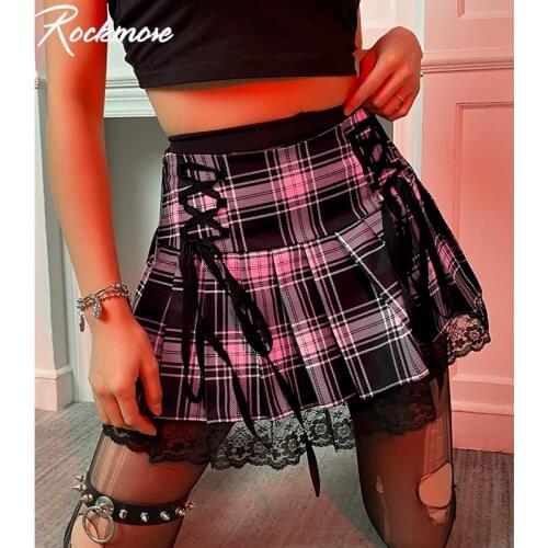 Rockmore Goth Lace Up Pleated Skirts Woman Pink High Waist Stripe Plaid Mini Skirt Punk Academia Y2K E Girl Aesthetic Clothes