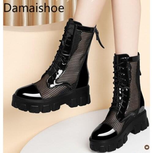 Womens Soft Leather Mesh Boots Chunky Heel Martin Boots 2021 New Womens Shoes Mid-Calf Female Tennis Shoes Boot Women Mid-Heel