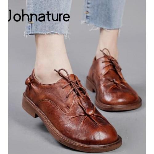 Johnature Genuine Leather Pumps Women Shoes Round Toe Retro Lace-Up 2021 New Autumn Handmade Sewing Leisure Concise Ladies Shoes