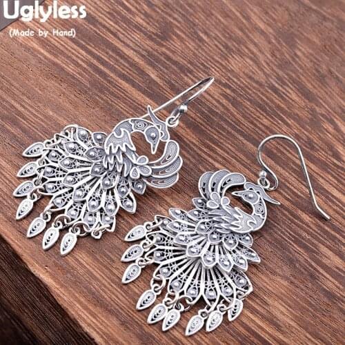 Uglyless Thai Silver Vintage Ethnic Peacock Earrings for Women Filigreed Animals Phoenix Earrings Real 990 Silver Brincos E1440