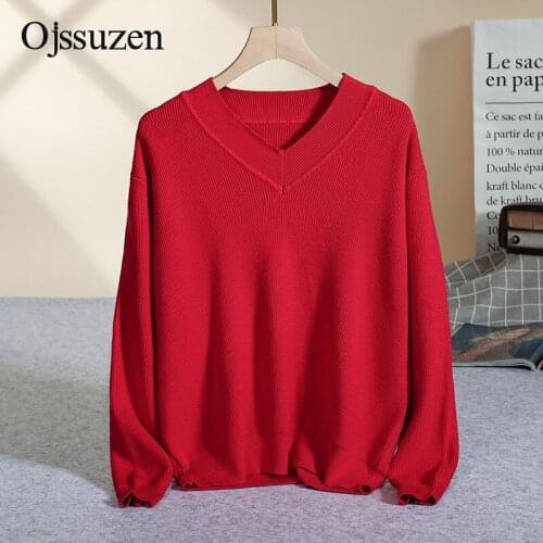 Loose Pullovers Female Tops Clothes Autumn Winter Sweater Women V Neck Casual Ladies Jumper Knitted Soft Sweaters Woman Red Blue
