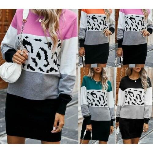 Womens Long Sleeve Knitted Sweater Winter Pullover Printed Jumper Top Mini Dress New