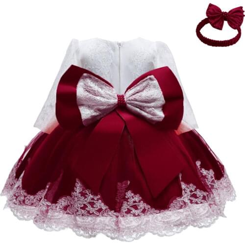 3M-2Y Flower Lace Big Bow Red Girl Dress Summer Autumn Full Sleeve Dresses For Baby Grils First Birthday Clothes Princess Dress
