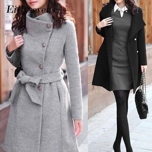 Wool Blend Winter Tweed Coat Women Long Sleeve Elegant Sash Belt Female Outwear Coat Autumn Lace-up Solid Streetwear Coat