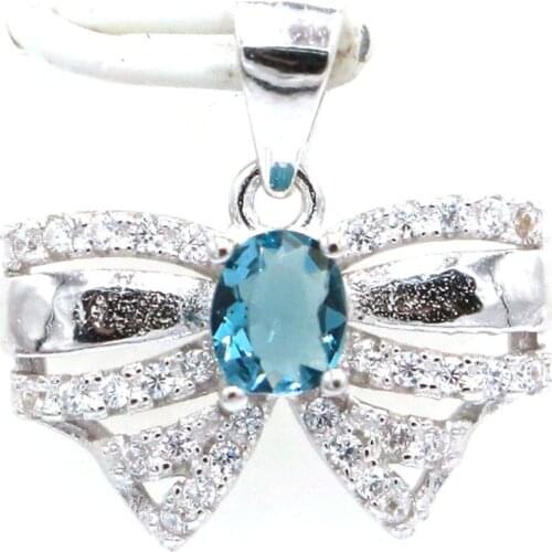 16x16mm Jazaz 1.7g Lovely Cute Bow Real Red Ruby Created London Blue Topaz Pink Kunzite CZ 925 Solid Sterling Silver Pendant