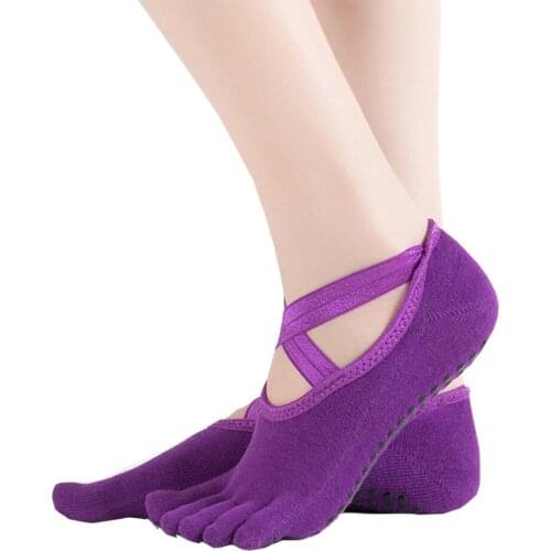 2 pairs Women Five Toe Non Slip Yoga Socks Fitness Barre Exercise Grips & Straps Silicone Dots Anti-Skid Sports Socks