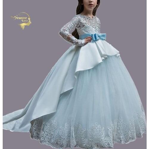 2020 Princess Long Sleeves Lace Girls Pageant Dresses Bow Sash Buttons Ball Gowns Wedding Birthday Party Dress Kids Formal Wear