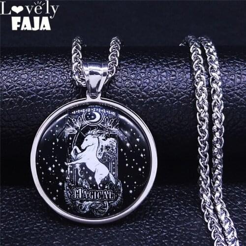 2021 Witchcraft Unicorn Stainless Steel Glass Necklace Women/Men Black Silver Color Long Necklaces Jewelry bijoux homme NXS02