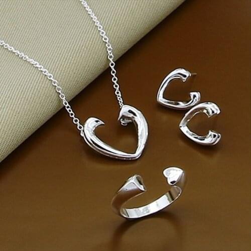 925 Sterling Silver Heart Earring Ring Necklace Set For Woman Wedding Engagement Party Fashion Charm Jewelry
