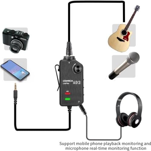 COMICA LinkFlex AD2 XLR/6.35mm to 3.5mm Audio Preamp Adapter with Phantom Power for iPhone/Android/Nikon/Canon Camera and Guitar