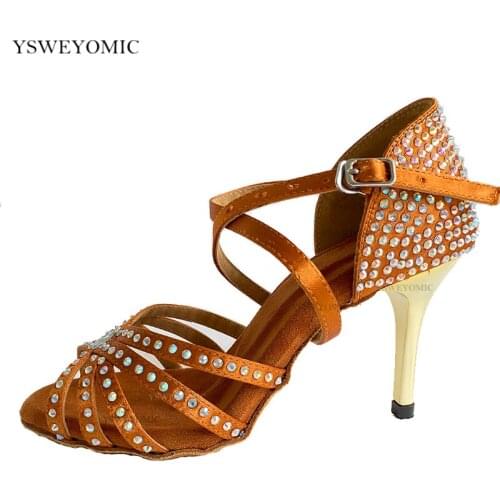 Bronze Latin Dance Shoes Women Gold 7cm 8.5cm Spiked Heel Suede Outsole Soft Insole Rhinestones Salsa Latin Bachata Shoes