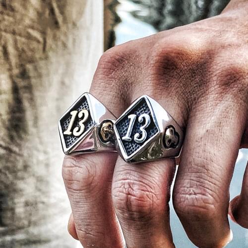 CFBulongs Cool Fashion Lucky 13 Ring Punk Stainless Steel Skull Motorcyclist Gothic Hip Hop Jewelry
