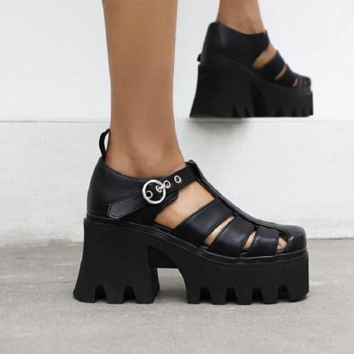 ZawsThia Black Silver Buckle Strap Cut Out Punk Goth Girls Summer Shoes Chunky High Heels Platform Womans Gladiators Sandals