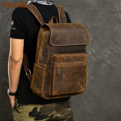 Classic retro crazy horse cowhide men travel backpack simple casual high quality natural genuine leather womens laptop bagpack