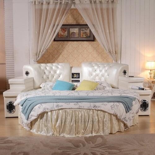 2m top grain leather round soft bed bedroom furniture with speaker #CE-C752