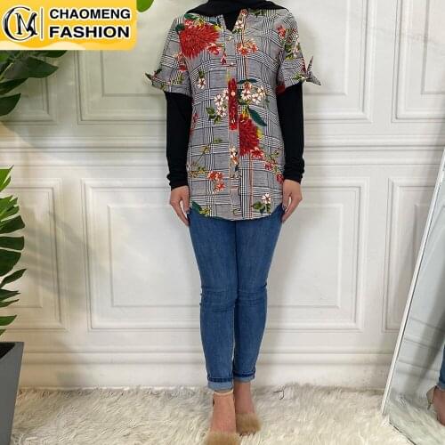 Fashion Ladies Short Sleeve Printing Plaid Button Front Open T-Shirt Flower Casual Women Tops Turkey Malaysia Shirt Blouse Mujer