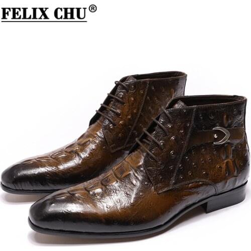FELIX CHU Fashion 2020 Design Genuine Leather Men Ankle Boots Crocodile Pattern Lace Up Dress Shoes Black Brown Man Basic Boots