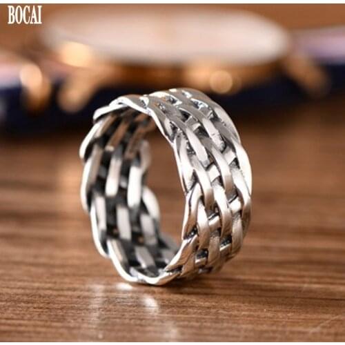 BOCAI 2020 new 100% real S925 pure silver jewelry weaving men ring retro Thai silver forefinger ring for men simple