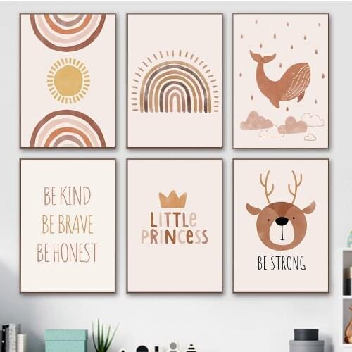 Cloud Whale Deer Canvas Prints Rainbow Sun Poster Nursery Wall Art Painting Quotes Print Boho Wall Pictures Baby Kids Room Decor