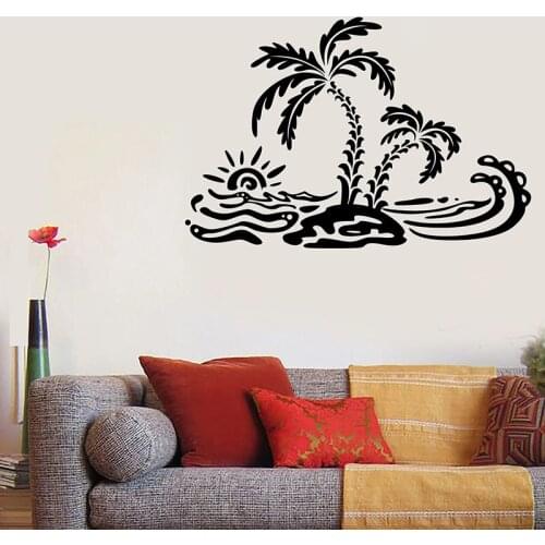 Beach Style Wall Decal Summer Palm Island Ocean Waves Art Vinyl Window Sticker Teens Bedroom Bathroom House Decor Wallpaper E817