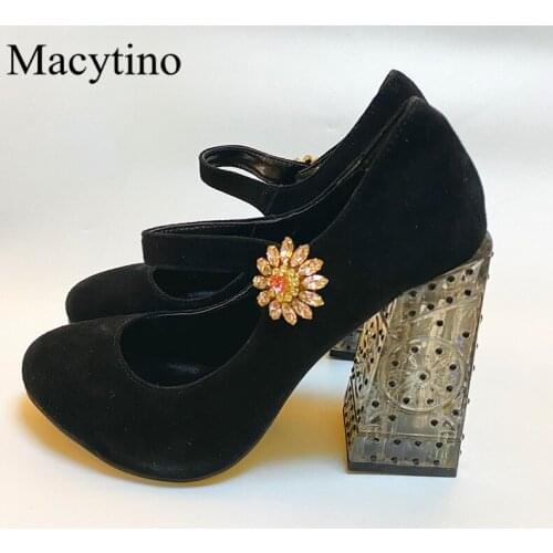 Strange transparent heel ladies high-heeled shoes with round head flower rhinestone buckle embellished thick-heeled high heels