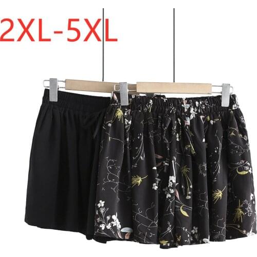 New 2021 Ladies Summer Plus Size Shorts For Women Large Loose Casual Black Belt Print Pleated Chiffon Shorts 2XL 3XL 4XL 5XL