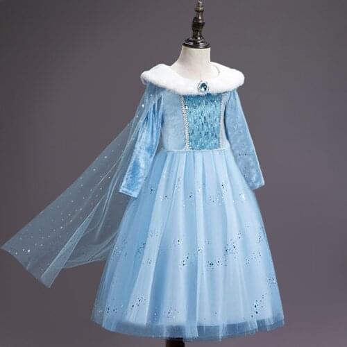 New Girls Winter Dress Faux Fur Collar Princess Dress Up Costume for Carnival Sequined 4-10T Kids Birthday Party Cosplay Clothes