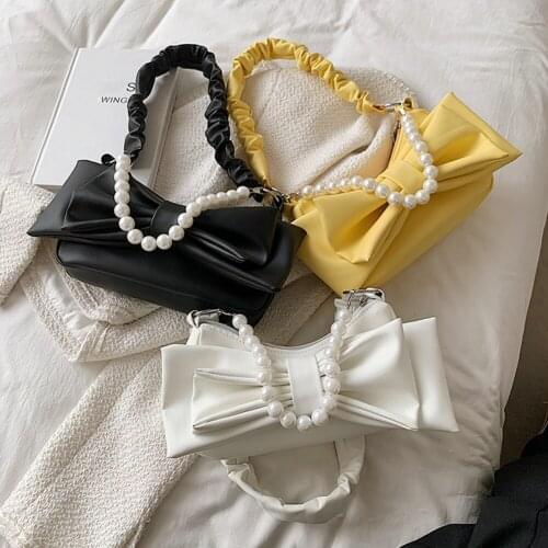 Pure Color PU Leather Summer Underarm Bag New Fashion Bow-knot ​Women Designer Pleated One-shoulder Pearl Chain Messenger Bag