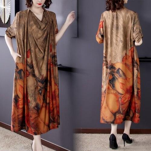 Autumn Casual Floral Mulberry Silk Satin Maxi Dress 2021 Spring Plus Size Vintage Loose Midi Dress Elegant Bodycon Women Vestido