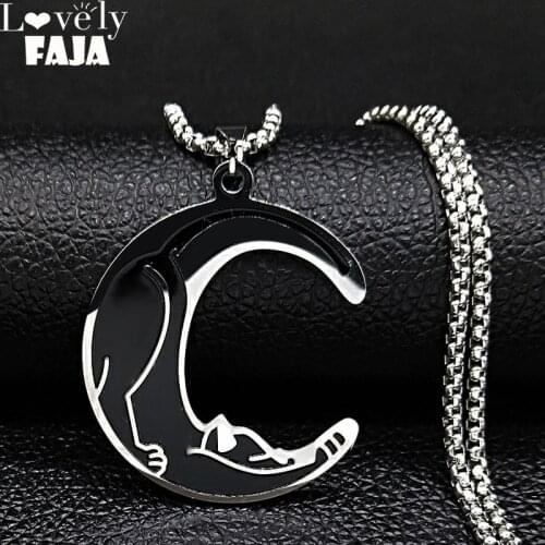 Stainless Steel Cut Moon Cat Necklace for Women Silver Color Big Black Enamel Necklace Jewelry Christmas Day Gift joyas N3237S03