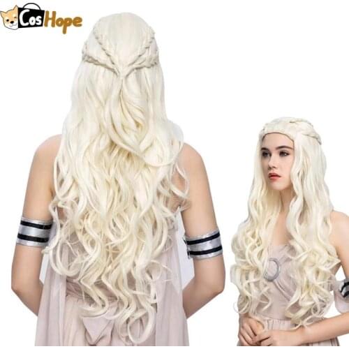 Daenerys Targaryen Cosplay Wig Long Off White Khaleesi Curly Wave Wigs Anime Heat Resistant Synthetic Wigs Halloween Cosplay