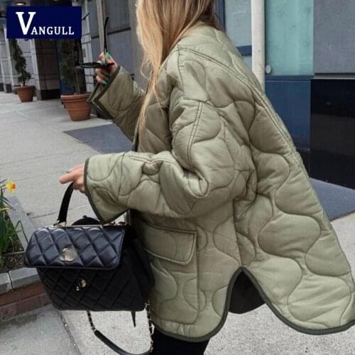 Vangull Single Breasted Pocket Women Jackets Winter Lightweight Loose Parkas Oversize Female Coats O-Neck Long Sleeve Outwear