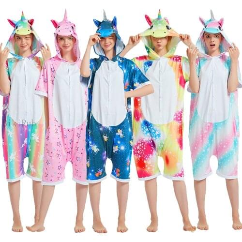 Unicorn Short Sleeve Pajamas Summer Nightwear Women Men Silk Sleepwear Female Animal Cartoon Panda Tiger Pyjama Onesie