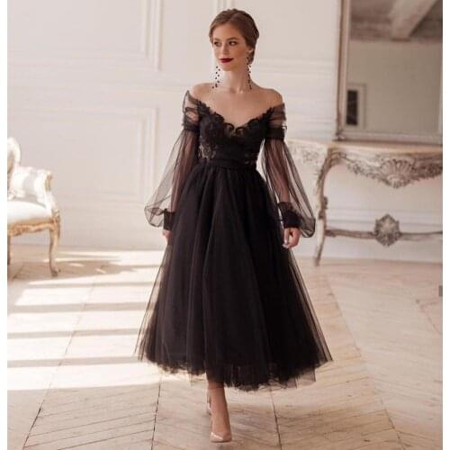 Black Princess Evening Dress 2021 A-Line Sexy Illusion Long Sleeve V-Neck Lace Appliques Backless Ankle-Length Party Prom Gown
